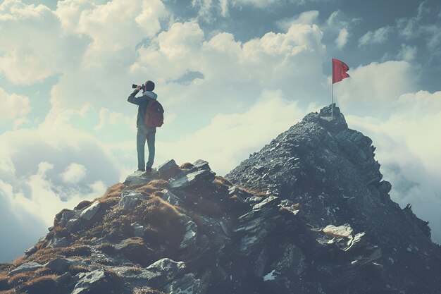 Photo young man on mountain with binoculars looking at red flags on peak symbolizing success and achieve