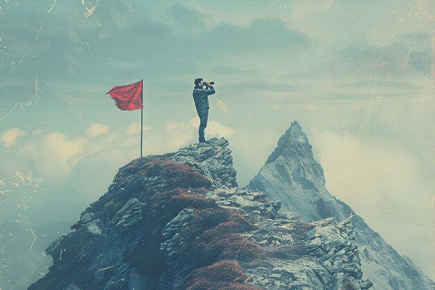 Photo young man on mountain with binoculars looking at red flags on peak symbolizing success and achieve