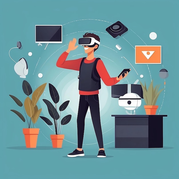 Photo a young man moving objects around using a virtual reality vr headset people vector illustration