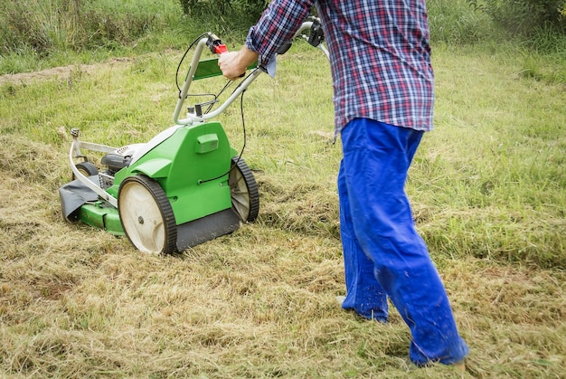 Young man mowing the lawn with a lawnmower