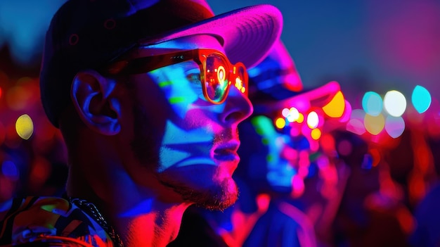 Young Man at Night Event with Neon Lights