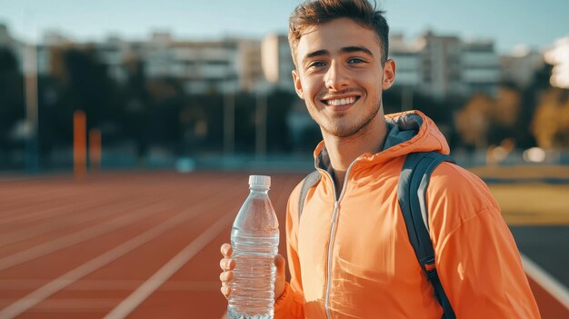 Photo young man in an orange jacket smiles while holding a water bottle on a track field during a sunny day