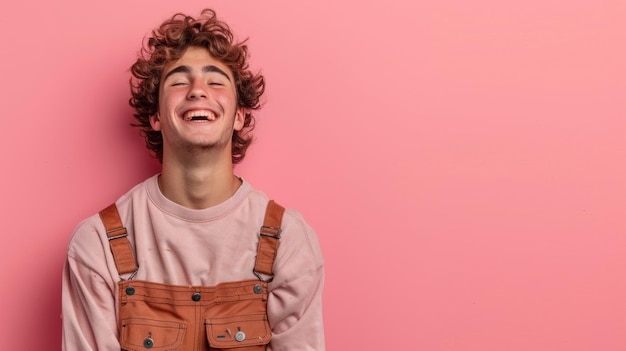 Photo a young man in overalls with closed eyes smiling happily on pink background