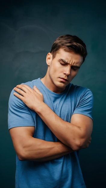 Young man overwhelmed with a pain in the shoulder