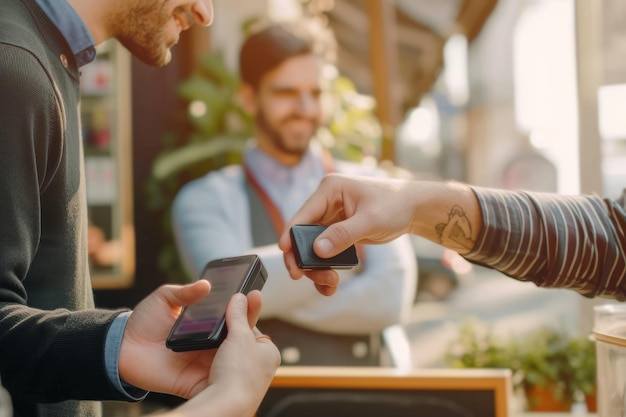 Photo young man paying via smart phone to a waiter at the cafe