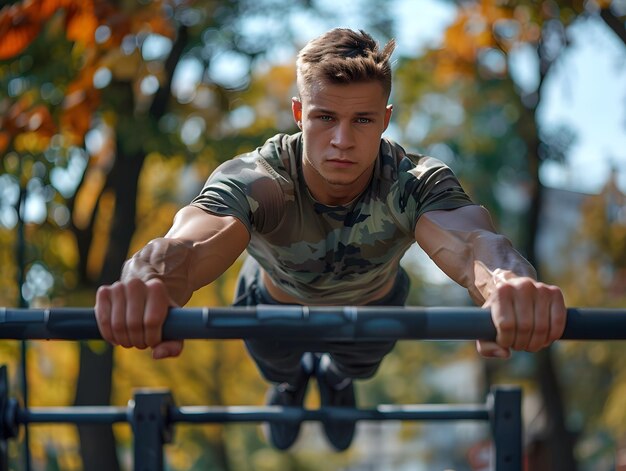 Photo young man performing a bodyweight exercise on a bar in a park surrounded by autumn foliage