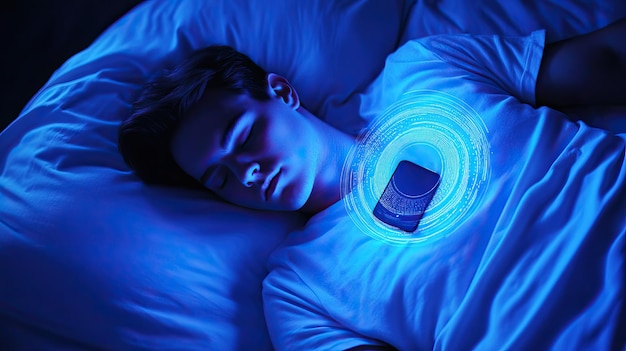 Photo young man or person sleeping next to a glowing phone ai generated image