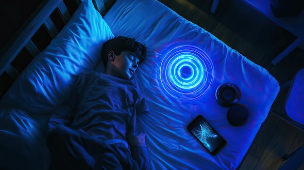 Photo young man or person sleeping next to a glowing phone ai generated image