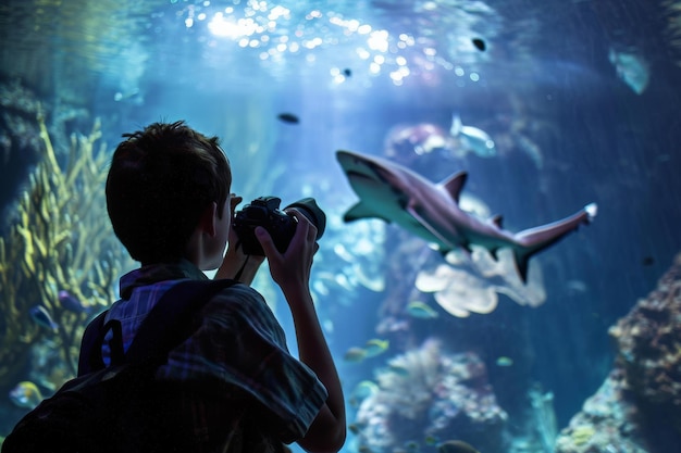 Photo young man photographing a shark in an aquarium young man photographing a fish in an aquarium