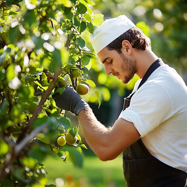 Photo young man picking fruit from a tree wearing a white hat and black gloves