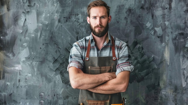 Young man in plaid shirt and leather apron arms crossed looks determined before the camera indicating expertise in craftsmanship