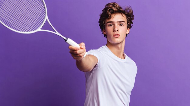 Photo young man playing badminton with racket on purple background