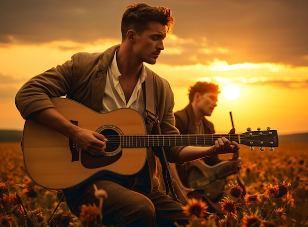 Young man playing guitar in city on sun rays background Handsome hippie style guitarist engrossed on music outdoors Concept of freedom relaxation City summer evening