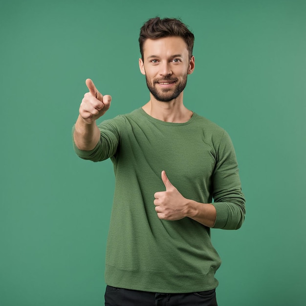 Young Man Pointing Right in Studio Short Front View Modern