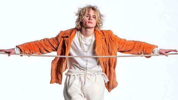 Photo a young man poses in an orange jacket exuding a stylish vibe