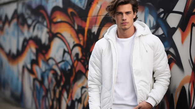 Photo young man poses in a white jacket against a colorful graffiti wall