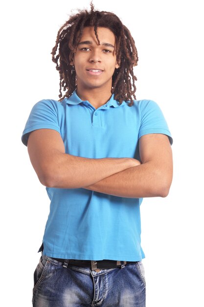 Young man posing against white background