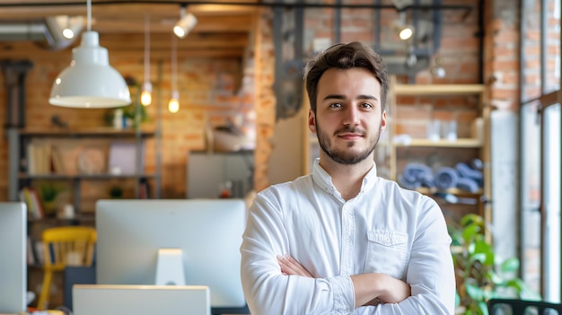 Photo young man posing confident and positive in professional workplace office with space