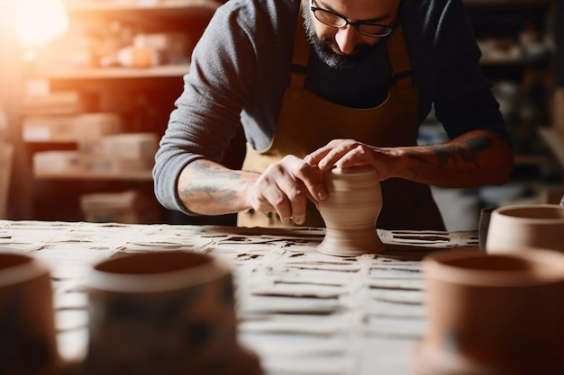 Photo young man potter making pattern on clay mug with special tool in pottery workshop studio