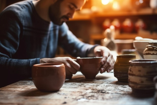 Photo young man potter making pattern on clay mug with special tool in pottery workshop studio