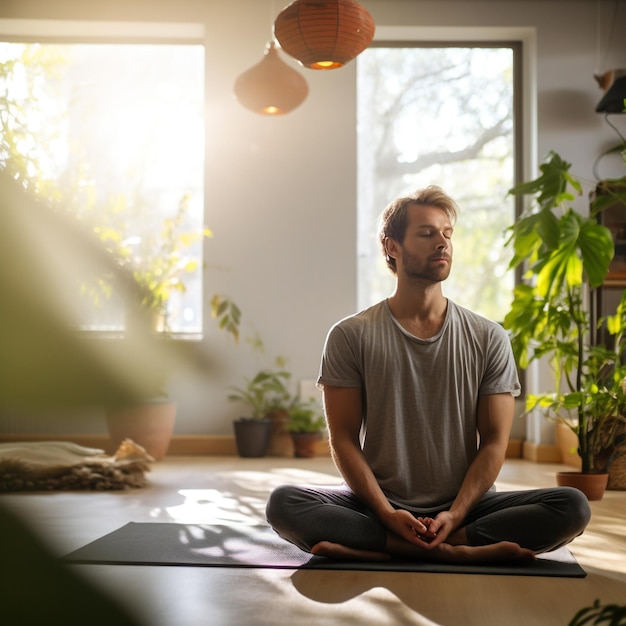 A young man practicing yoga in a bright living room filled with serene energy