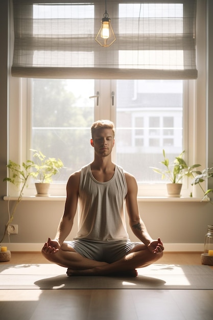 A young man practicing yoga in a bright living room filled with serene energy