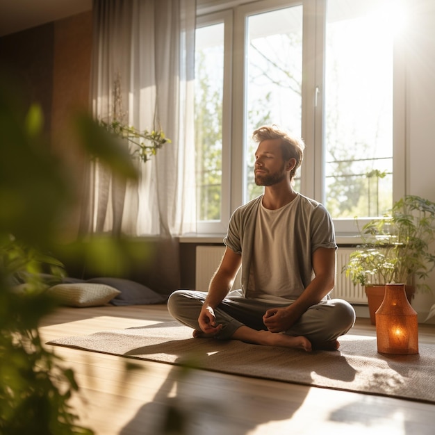 A young man practicing yoga in a bright living room filled with serene energy