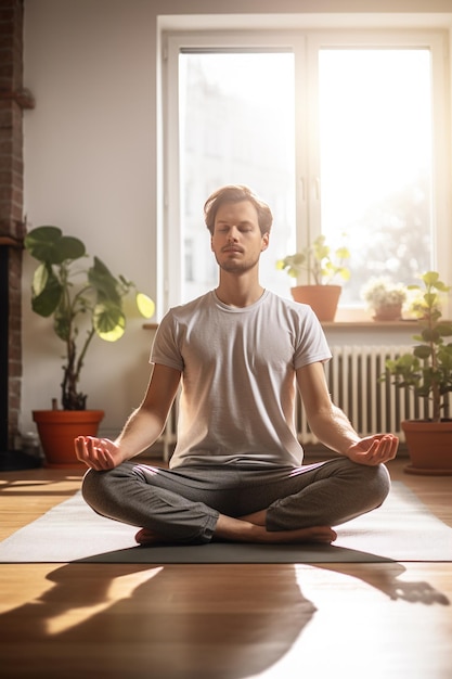 A young man practicing yoga in a bright living room filled with serene energy