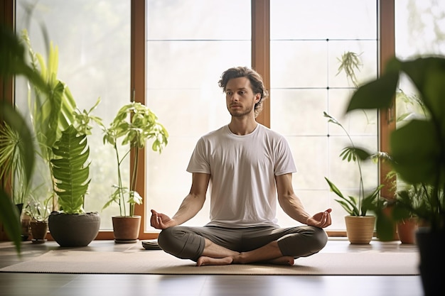 A young man practicing yoga in a bright living room filled with serene energy