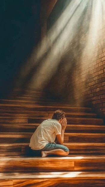 Photo young man praying under sunlight coming through window in modern church