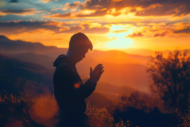 Photo young man prays for blessings at sunrise mountains god and spirituality