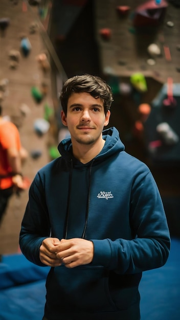 Photo young man preparing for indoor rock climbing