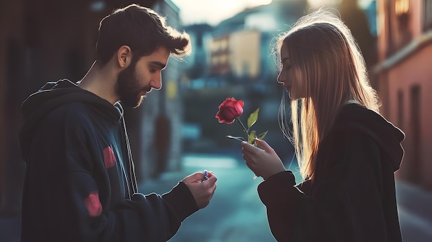 Photo a young man presents a single red rose to a woman