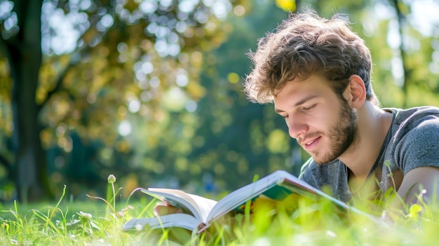 Photo young man reading book while lying on grass in sunlit park