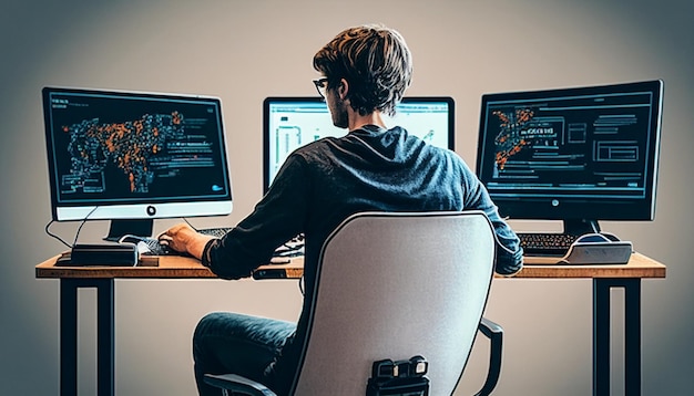 A young man reclines Generative AI was created on a coding chair with three computers