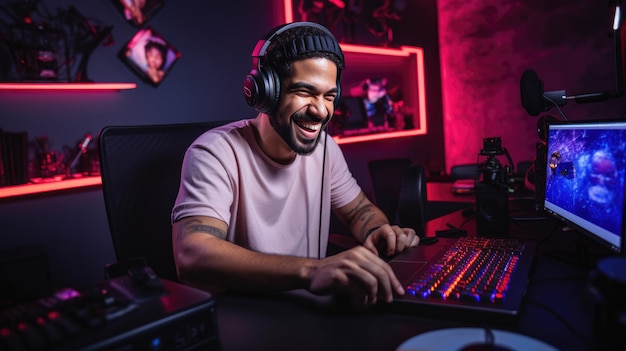 Young man records a podcast in his home office