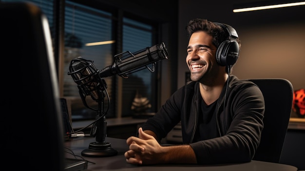 Young man records a podcast in his home office