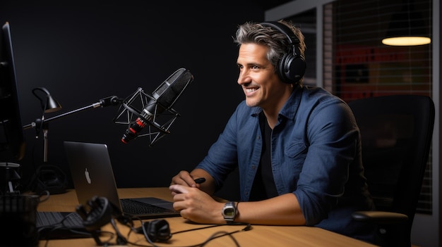 Young man records a podcast in his home office