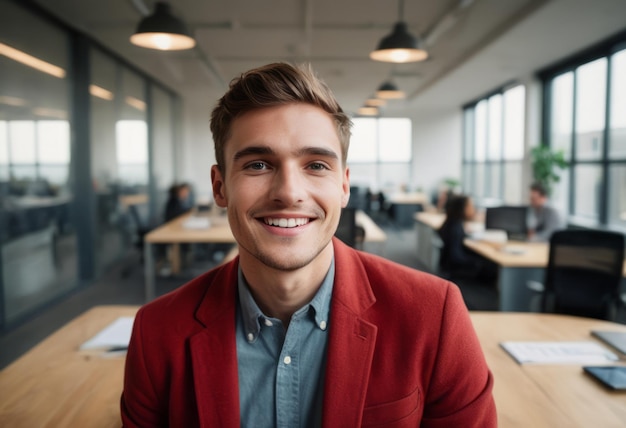 A young man in a red blazer smiles at the camera his demeanor professional and welcoming in an