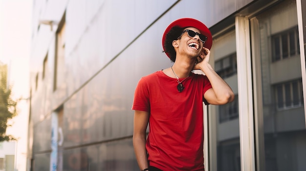 Photo young man in red hat red shirt and black pants