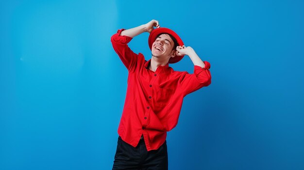 Photo young man in red hat red shirt and black pants