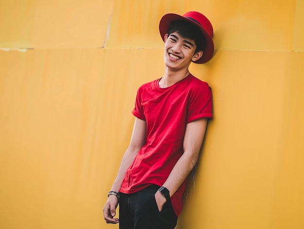 Photo young man in red hat red shirt and black pants