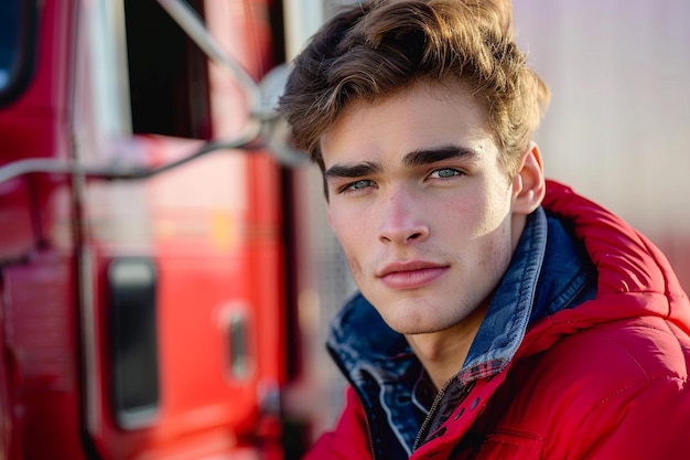 Young Man in Red Jacket Leaning on Truck with AI generated