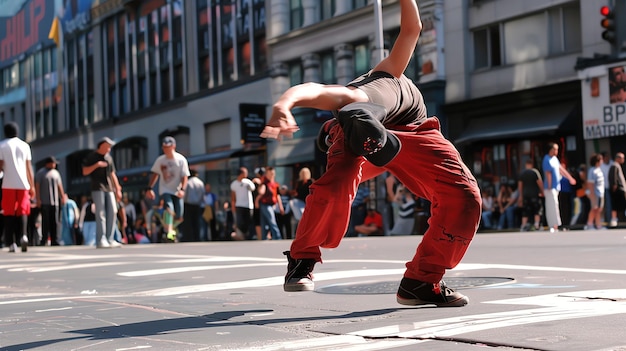 A young man in red pants and a black shirt performs a breakdancing move on the street surrounded by other people