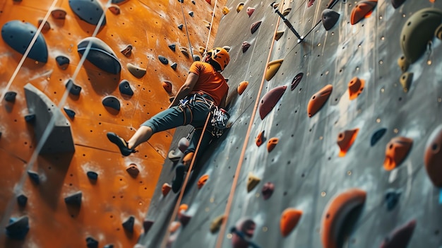 Photo a young man in a red shirt and a helmet is rock climbing on an indoor climbing wall