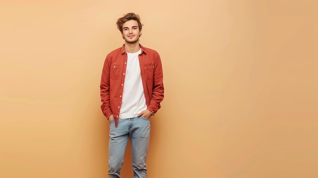 Photo young man in red shirt and jeans standing against a peach background