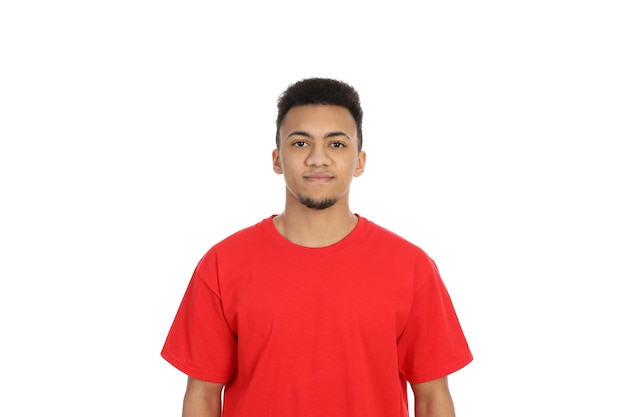 Young man in red t-shirt isolated on white background