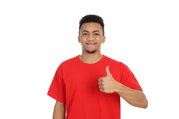 Young man in red t-shirt isolated on white background