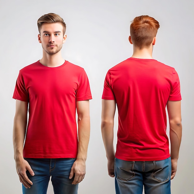 A young man in red tshirt mockup front and back template with white background