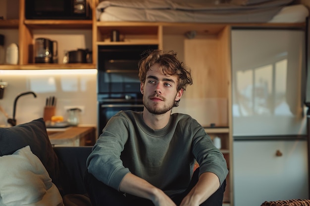 Photo young man relaxing in cozy home environment pensively looking a